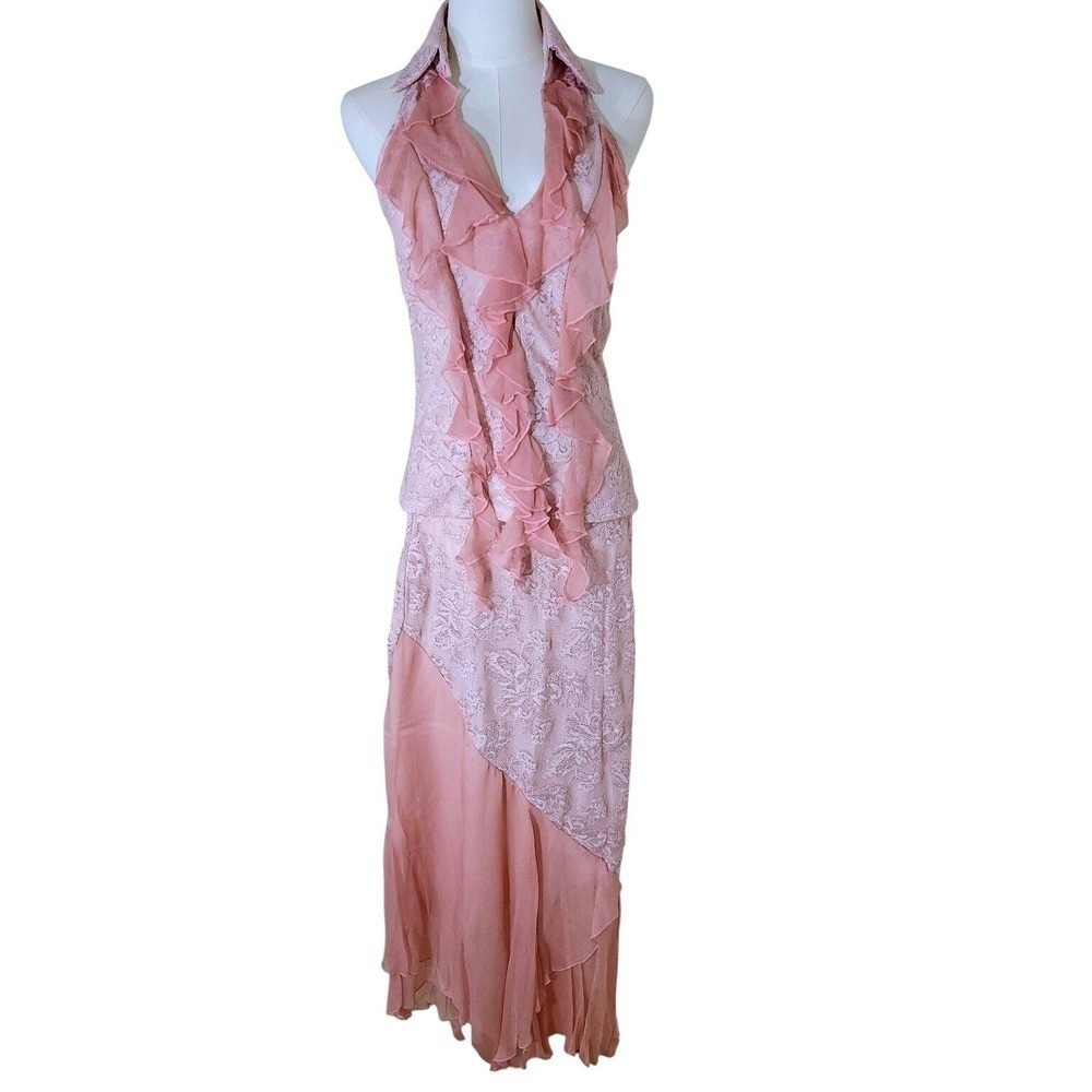 Casadei Blush Pink Lace & Chiffon 2-Piece asymemtrical hem Dress Set Large - Picture 2 of 13